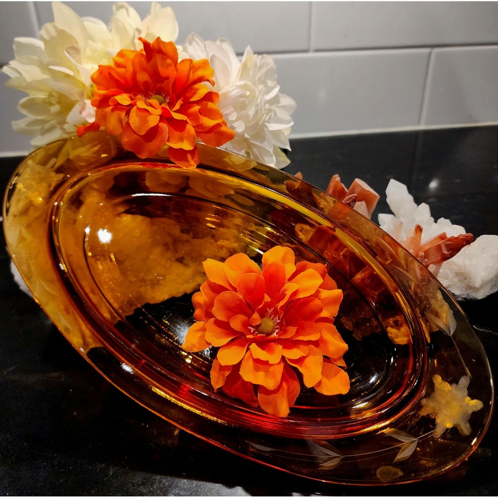 Vintage Amber Glass Serving Dish Etched Floral Centerpiece Bowl Oval Mid Century